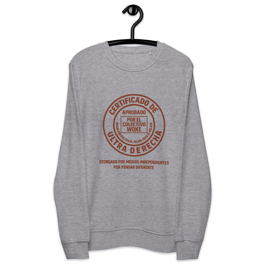 Light grey unisex organic sweatshirt on hanger with anti-woke libertarian print