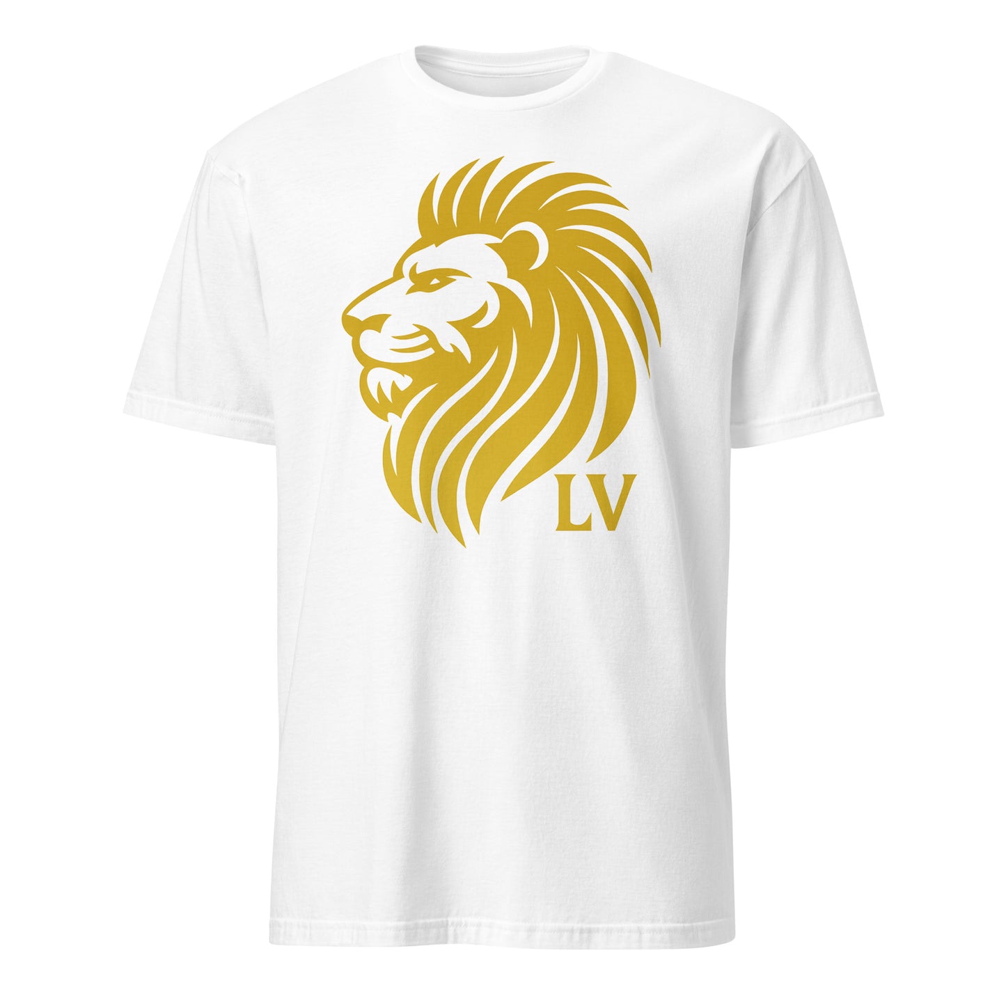 Camiseta unisex blanca con león dorado y siglas LV en el pecho – LibertarianVoice