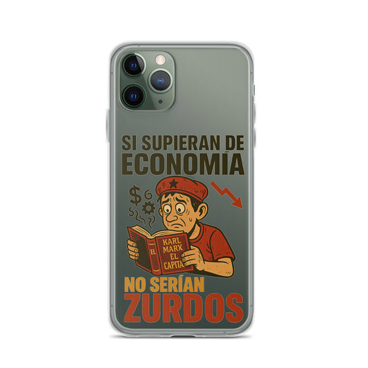 Mockup de funda transparente para iPhone con ilustración de un personaje leyendo “El Capital” de Karl Marx y texto “Si supieran de economía no serían zurdos”, diseño libertario anticomunista.