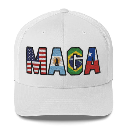 White MAGA trucker hat with embroidered flags – Make America Great Again Trump cap