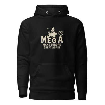 Unisex black hoodie with 'MEGA - Make Europe Great Again' slogan and map of Europe – Libertarian Voice apparel.