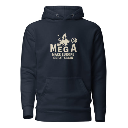 Front view of navy unisex hoodie with MEGA – Make Europe Great Again print by Libertarian Voice.