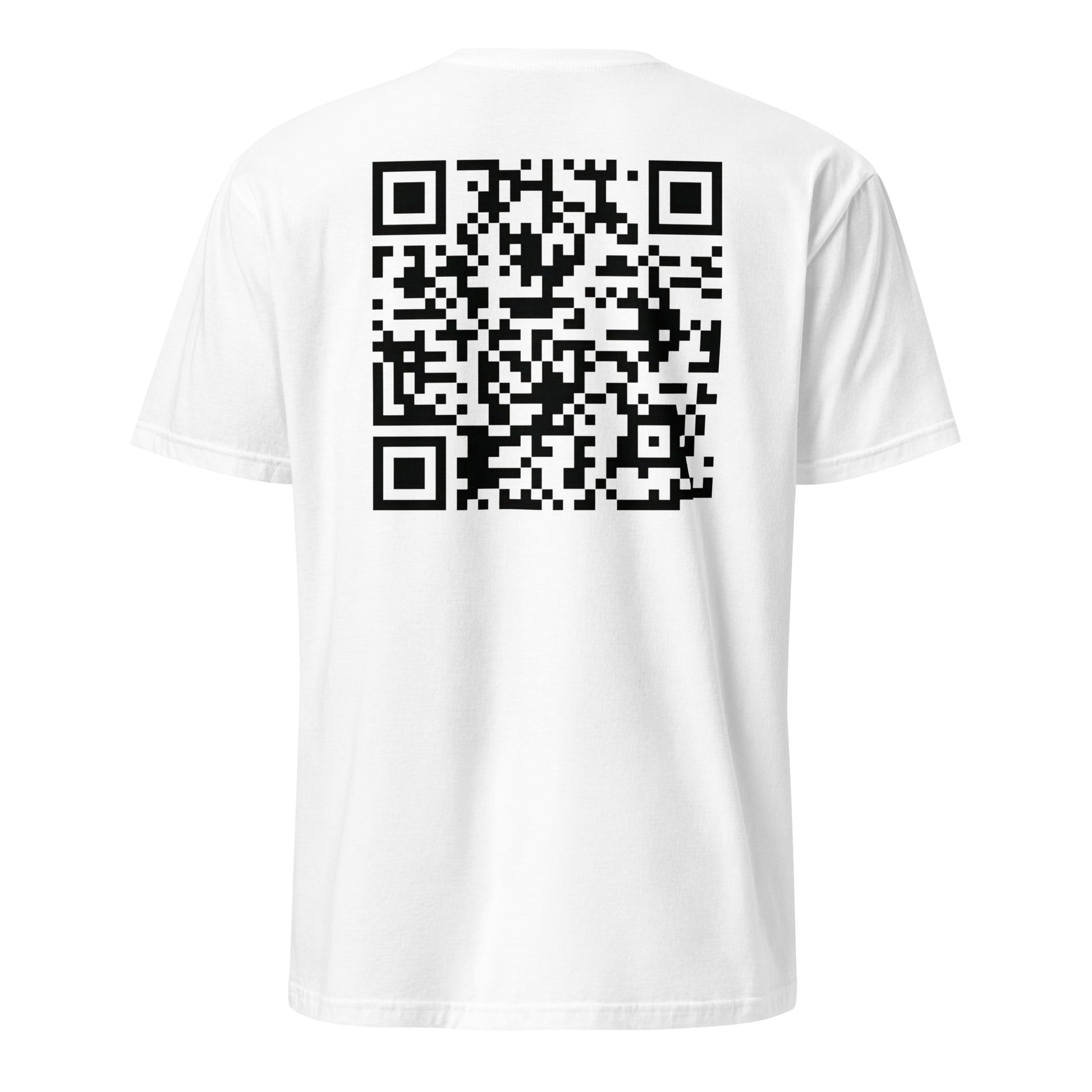Back view of white t-shirt with QR code linking to Milei’s viral video ‘Tira piedra kuka’ – Libertarian Voice STORE