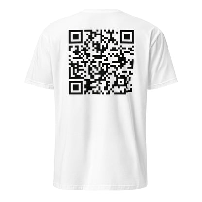 Back view of white t-shirt with QR code linking to Milei’s viral video ‘Tira piedra kuka’ – Libertarian Voice STORE