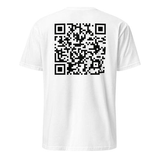 Back view of white t-shirt with QR code linking to Milei’s viral video ‘Tira piedra kuka’ – Libertarian Voice STORE