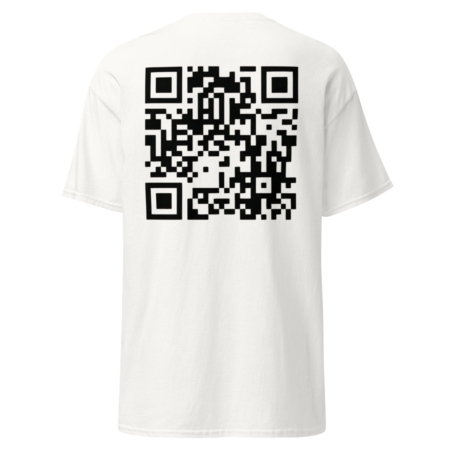 Back view of white t-shirt with QR code linking to Trump video – Libertarian Voice STORE