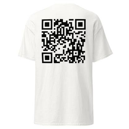 Back view of white t-shirt with QR code linking to Trump video – Libertarian Voice STORE