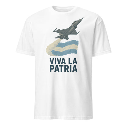Camiseta negra unisex con diseño de F-16 dejando la bandera argentina y texto VIVA LA PATRIA
