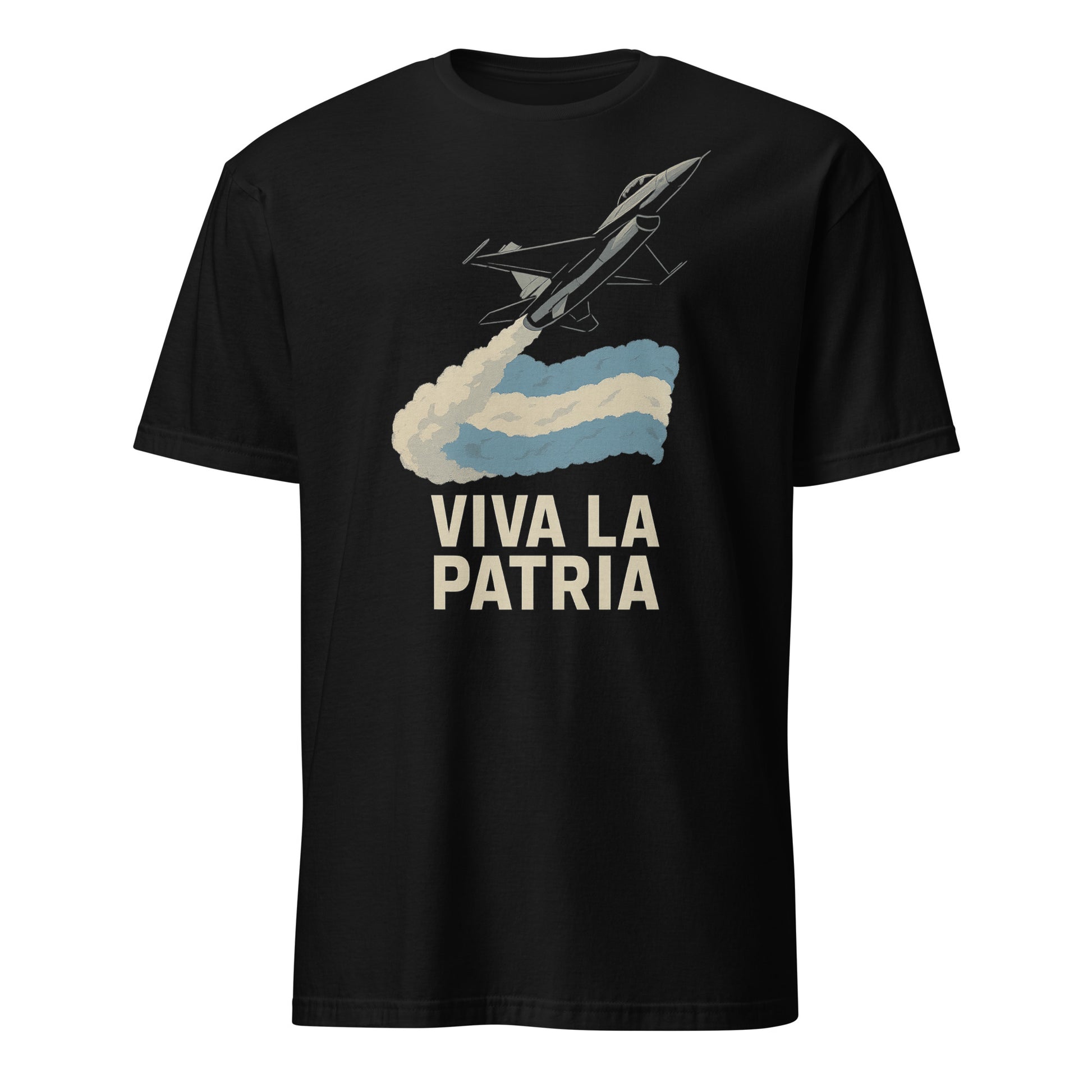 Camiseta negra unisex con diseño de F-16 dejando la bandera argentina y texto VIVA LA PATRIA