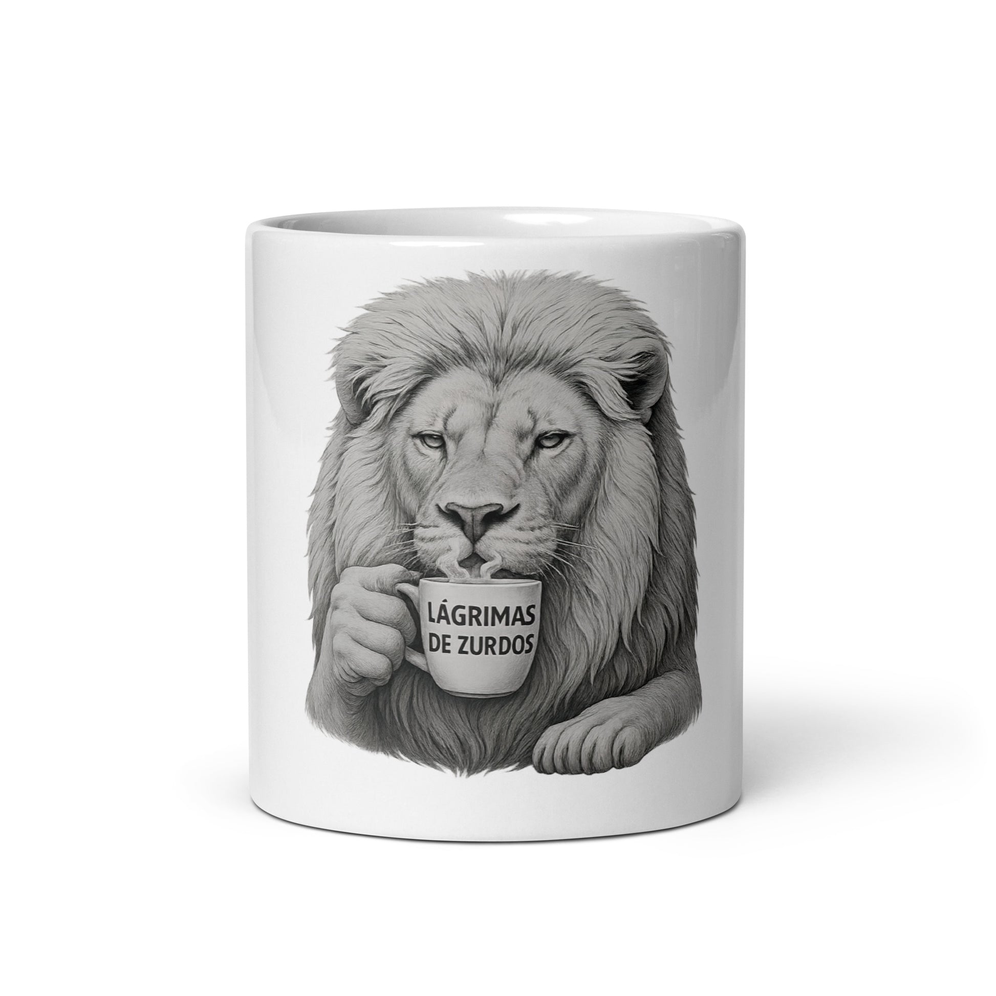 Taza de cerámica blanca con león libertario bebiendo “Lágrimas de zurdos”, diseño en escala de grises 11 oz
