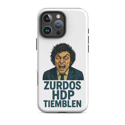 Funda para iPhone con frase Zurdos HDP Tiemblen – diseño libertario de LibertarianVoice, doble capa antigolpes color blanco